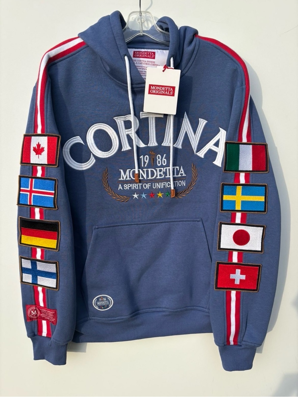 NWT Mondetta Cortina Navy Hoodie with International Flag Patches